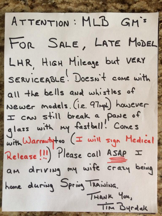 Illustration for article titled Tim Byrdak Posts Handwritten "Reliever For Sale" Ad